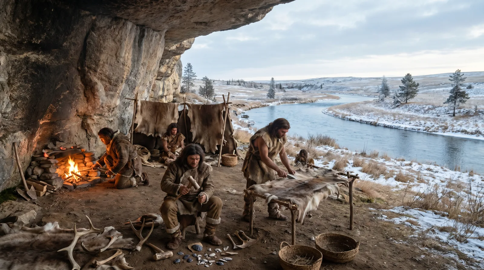 Reconstitution de la vie sous l'abri de La Madeleine : un campement magdalénien installé sous l'auvent rocheux d'une falaise, avec un foyer contre la paroi, des peaux qui sèchent et la Vézère en contrebas.