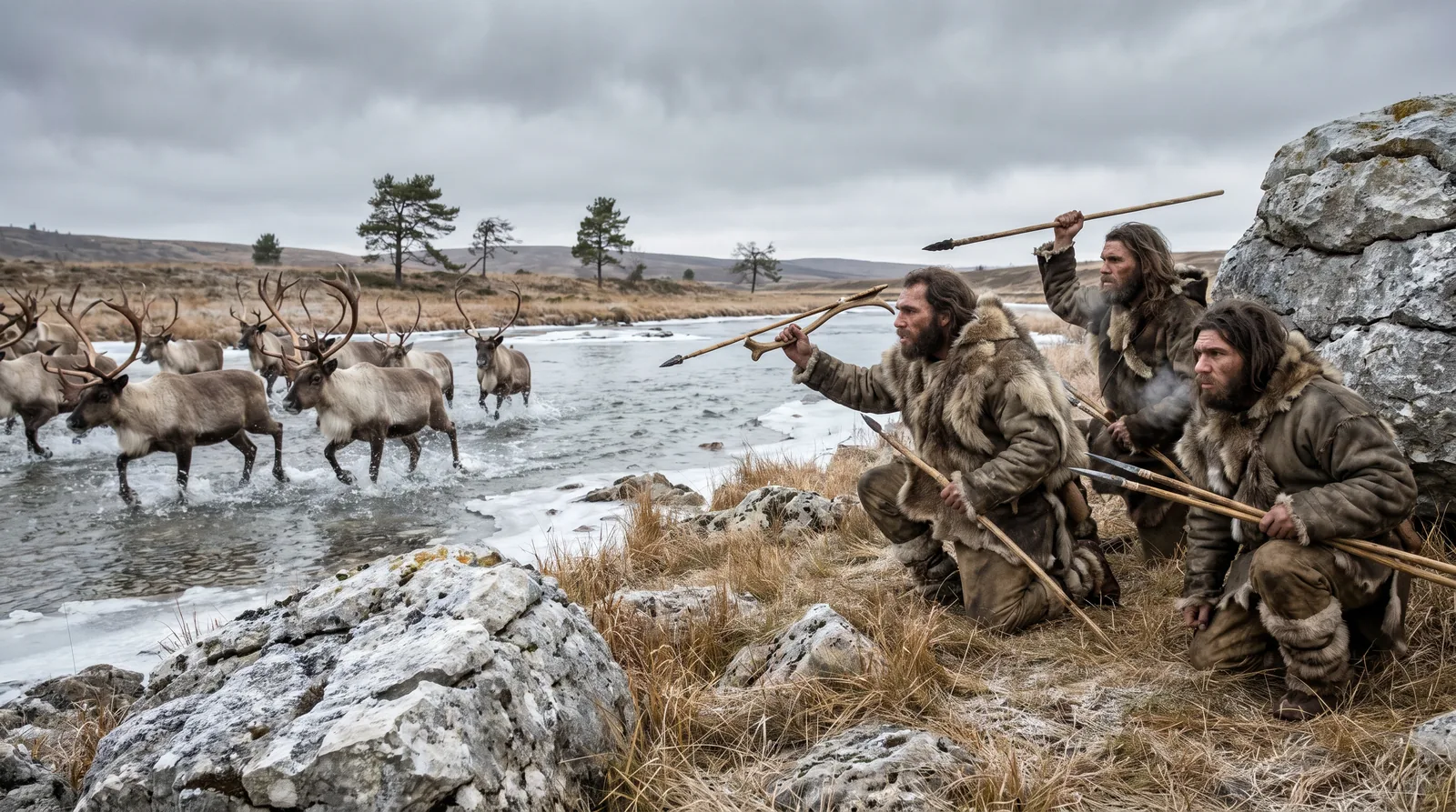Reconstitution d'une chasse magdalénienne : un troupeau de rennes traverse une rivière à un gué pendant que des chasseurs en vêtements de fourrure les visent depuis la berge, l'un armé d'un propulseur.